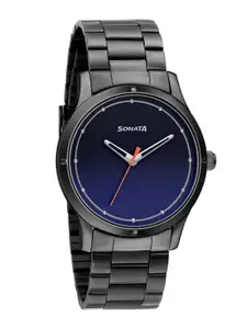 Sonata Women Blue Brass Dial & Black Stainless Steel Bracelet Style Straps Analogue Watch 8183NM01