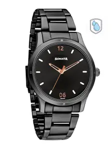 Sonata Women Black Brass Dial & Black Stainless Steel Bracelet Style Straps Analogue Watch 8183NM02