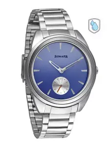 Sonata Women Blue Brass Mother of Pearl Dial & Silver Toned Stainless Steel Bracelet Style Straps Analogue Watch 8182SM02