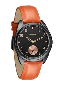 Sonata Women Blue Brass Printed Dial & Orange Leather Straps Analogue Watch 8182NL01