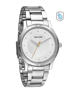 Sonata Women Silver-Toned Brass Embellished Dial & Silver Toned Stainless Steel Bracelet Style Straps Watch 8183SM02