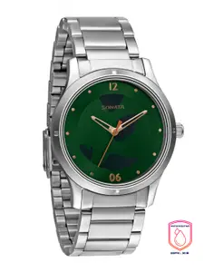 Sonata Women Green Brass Dial & Silver Toned Stainless Steel Bracelet Style Straps Analogue Watch 8183SM01