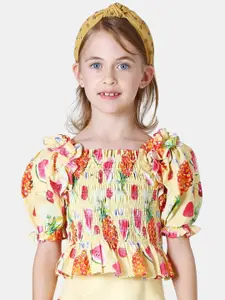 One Friday Girls Yellow Floral Print Off-Shoulder Blouson Crop Top