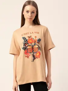 Lounge Dreams Women Beige & Orange Printed Pure Cotton Oversized Lounge Tshirt
