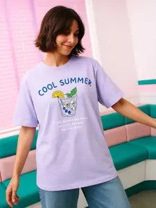 Lounge Dreams Women Lavender & Blue Printed Pure Cotton Oversized Lounge T-shirt