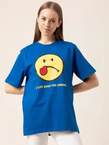 Lounge Dreams Women Blue & Yellow Printed Pure Cotton Oversized Lounge T-shirt