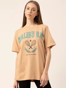 Lounge Dreams Women Beige & Blue Printed Pure Cotton Oversized Lounge T-shirt