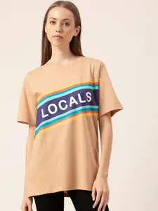 Lounge Dreams Women Beige Printed Lounge Oversized Cotton Tshirts