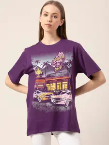 Lounge Dreams Women Purple & Yellow Printed Pure Cotton Lounge T-shirt
