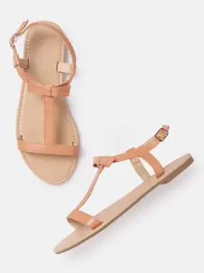 Allen Solly Women Peach-Coloured T-strap Flats with Bows