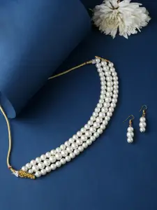VIRAASI Gold-Toned & White Pearl Beaded Choker Necklace with Earrings Jewellery Set
