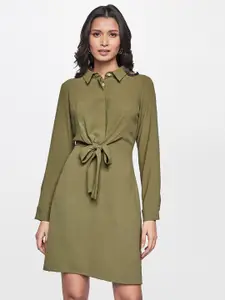 AND Women Olive Green Georgette Shirt Dress