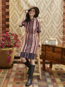 AND Women Pink & Brown Striped Peter Pan Collar Georgette Shirt Dress