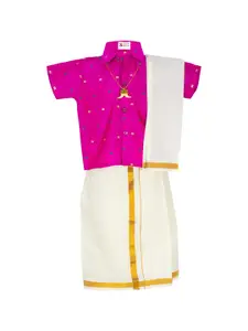 AMIRTHA FASHION Boys Pink & Cream-Coloured Embellished Shirt with Dhoti Pants