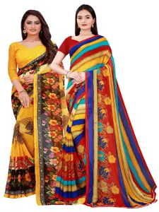 Florence Yellow & Red Set of 2 Floral Printed Georgette Saree
