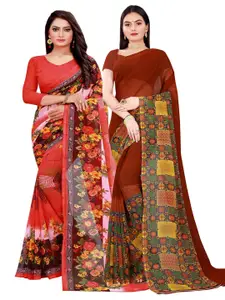 Florence Red & Brown Set Of 2 Floral Pure Georgette Saree