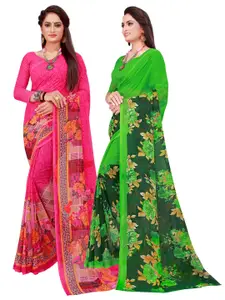 KALINI Pack of 2 Magenta & Green Floral Pure Georgette Sarees