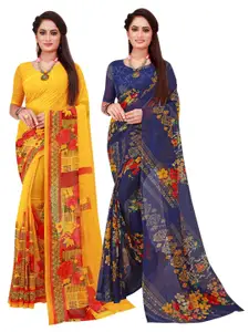 Florence Pack of 2 Yellow & Navy Blue Floral Pure Georgette Sarees