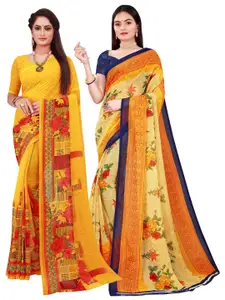 Florence Yellow & Navy Blue Set Of 2 Floral Pure Georgette Saree