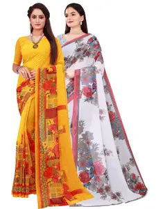 Florence Pack Of 2 Yellow & White Floral Printed Pure Georgette Saree