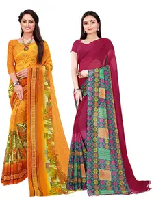 KALINI Set Of 2 Yellow & Purple Floral Pure Georgette Saree