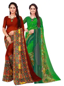 KALINI Pack Of 2 Green & Brown Floral Pure Georgette Saree