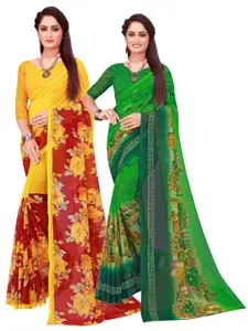 KALINI Pack Of 2 Green & Yellow Floral Pure Georgette Saree