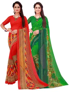 KALINI Green & Red Set Of 2 Floral Pure Georgette Saree
