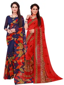 KALINI Pack of 2 Navy Blue & Red Floral Pure Georgette Sarees