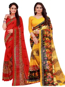 KALINI Pack of 2 Yellow & Red Floral Pure Georgette Sarees
