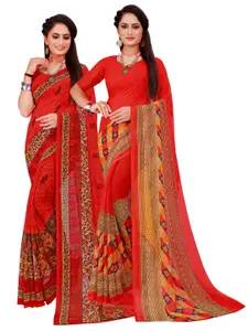 Florence Pack Of 2 Red & Yellow Floral Pure Georgette Saree