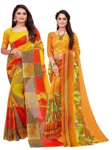 KALINI Yellow & Green Printed Pure Georgette Saree Pack Of 2