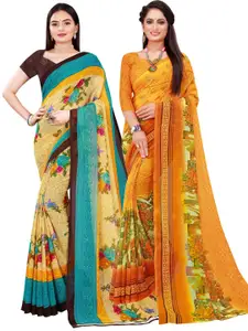 KALINI Yellow & Blue Set of 2 Floral Printed Georgette Saree
