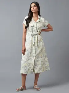 W Blue Floral Shirt Pure Cotton Midi Dress