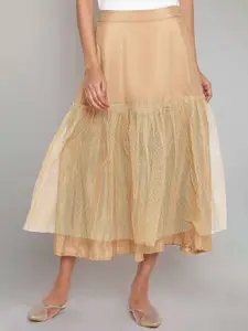 W Women Gold Flared Midi Skirt