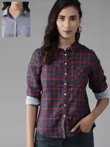 Roadster Women Navy & Maroon Pure Cotton Checked Reversible Casual Shirt