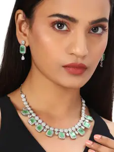 Voylla Green & White American Diamond CZ Silver Plated Necklace Set