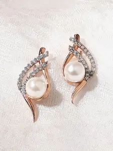 Voylla Women  Rose Gold American Diamond CZ Pearl Stud Earrings