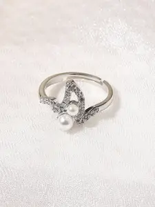 Voylla Silver-Toned & Rhodium-Plated American Diamond CZ Pearl Ring