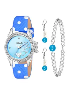 Mikado Women Blue Brass Embellished Dial & Blue Leather Embellished Straps Analogue Watch