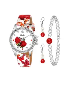 Mikado Women Red Brass Printed Dial & Red Leather Straps Analogue Watch