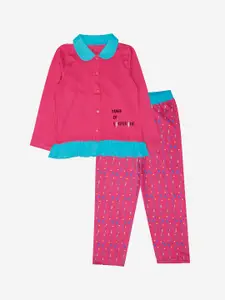 KiddoPanti Girls Pink & Blue Lightning Printed Pure Cotton Night suit