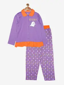 KiddoPanti Girls Purple & Orange Printed Night suit