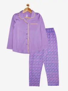 KiddoPanti Girls Purple & Blue Pure Cotton Printed Night Suit