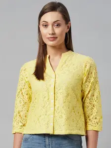 Ayaany Yellow Mandarin Collar Net Lace Cotton Lined Crop Top
