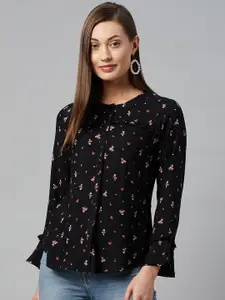 Ayaany Black Ditsy Floral Print Bell Sleeves Top