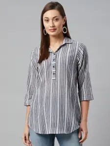 Ayaany Cream-Coloured & Navy Blue Striped Shirt Style Longline Top