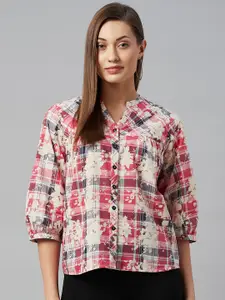 Ayaany Cream-Coloured & Pink Floral Print Mandarin Collar Shirt Style Top