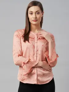 Ayaany Peach-Coloured Print Bell Sleeves Shirt Style Top