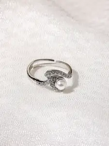 Voylla White Gold Plated American Diamond CZ Pearl Brass Ring